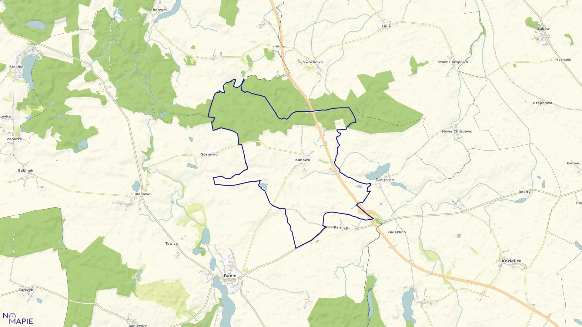 Mapa obrębu Kunowo w gminie Banie