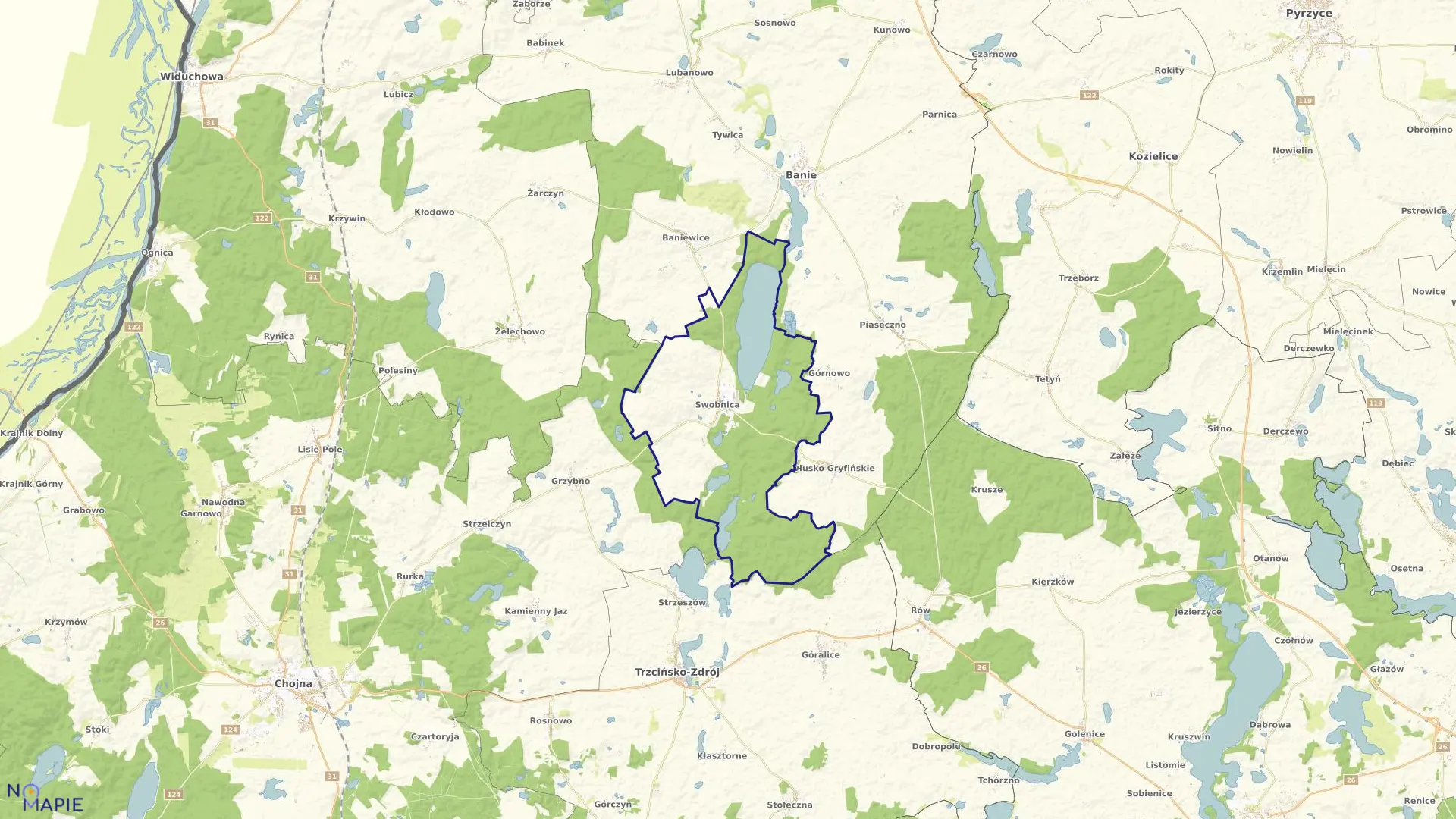 Mapa obrębu Swobnica w gminie Banie