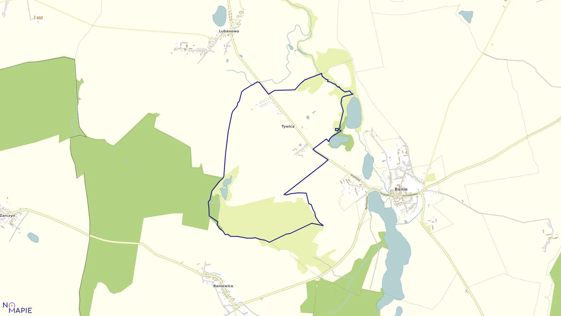 Mapa obrębu Tywica w gminie Banie